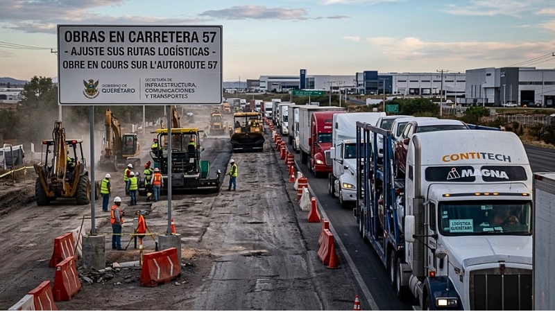 Los trabajos, retrasos y bloqueos en la vía federal presionan al sector automotriz queretano, que ajusta rutas, tiempos y costos de traslado. y costos.